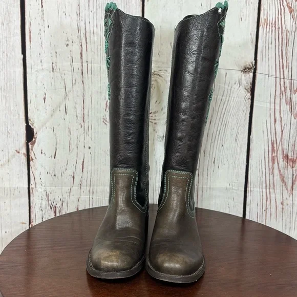 BCBG MAX AZRIA distressed Black leather blue raffia embroidery tall Boots 7 GUC